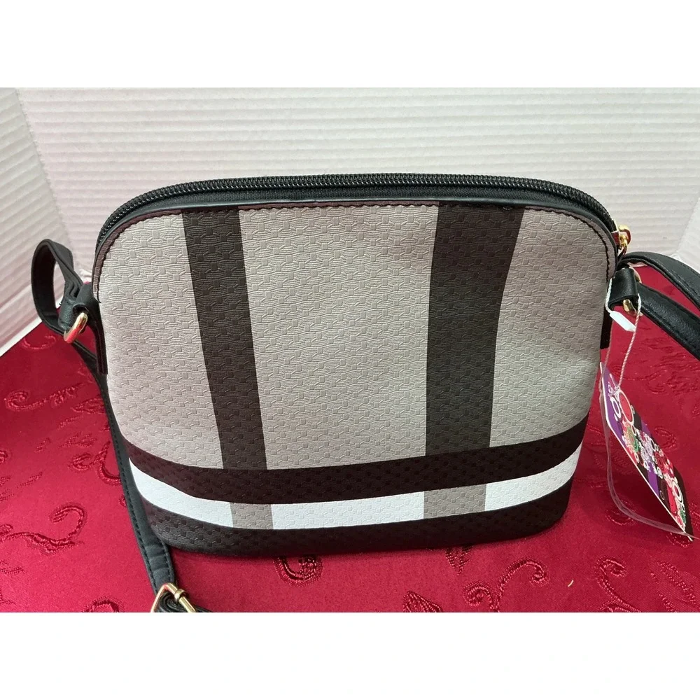 New Vegan Leather Plaid Crossbody Bag Black Grey White Tassel Dome Purse - Picture 4 of 14